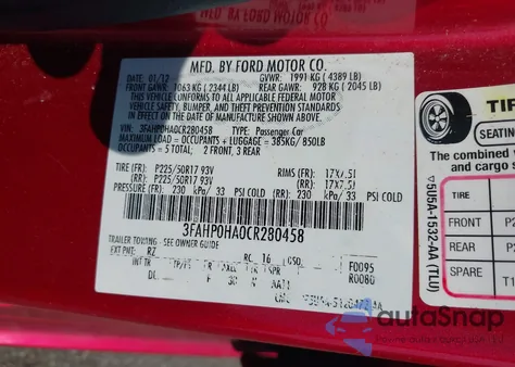 2012 Ford Fusion Se z USA, uszkodzony, nr VIN 3FAHP0HA0CR280458